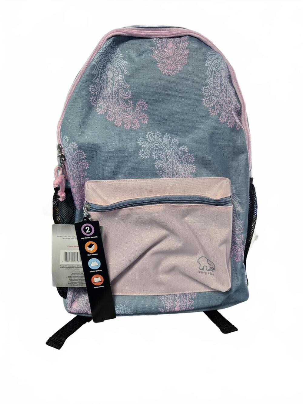 Ivery Ella Conair Paisley Backpack Light Blue Pink with Front Pocket